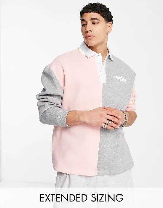oversized rugby sweatshirt in gray heather and pink with print