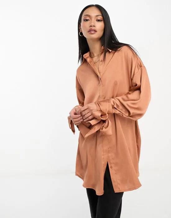 oversized satin shirt with tie cuff detail in soft brown