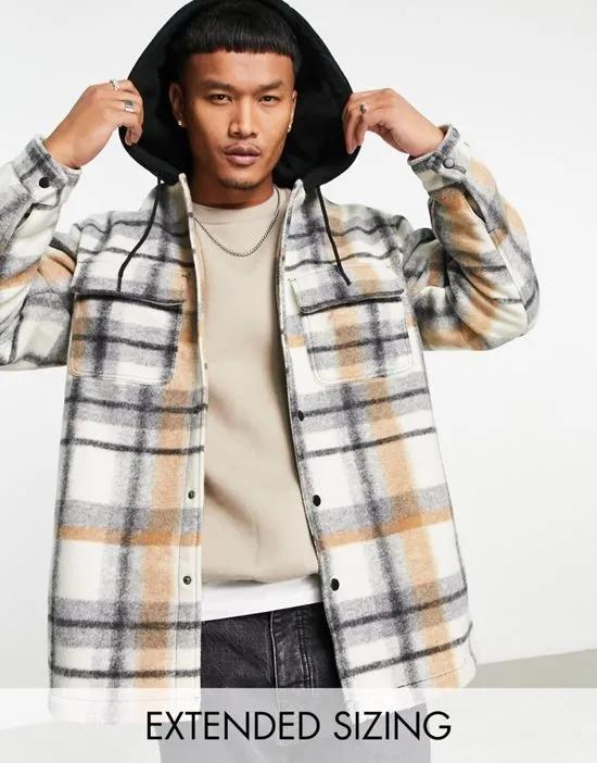 oversized shacket in ecru check with hood