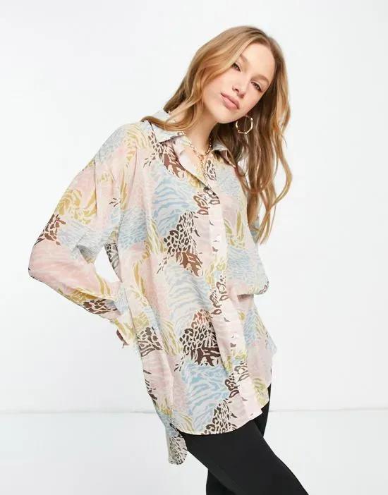 oversized sheer multi patched animal print shirt