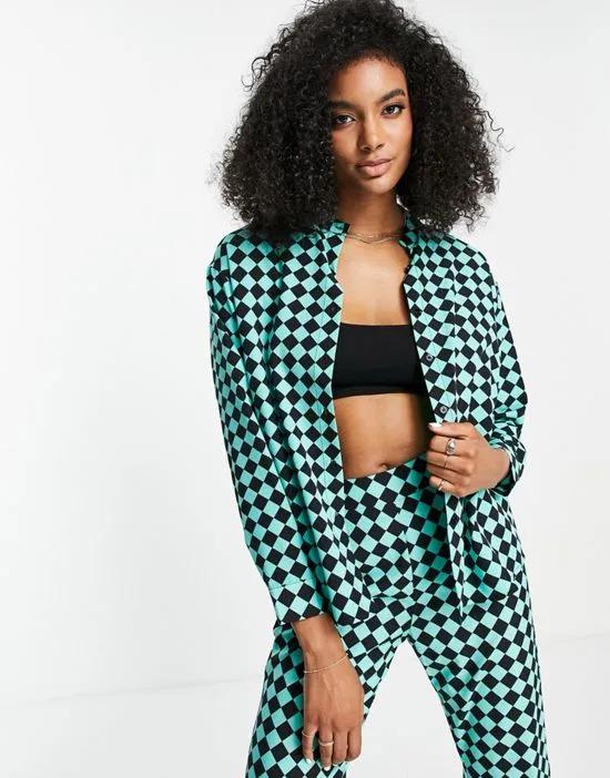 oversized shirt in teal diamond plaid - part of a set