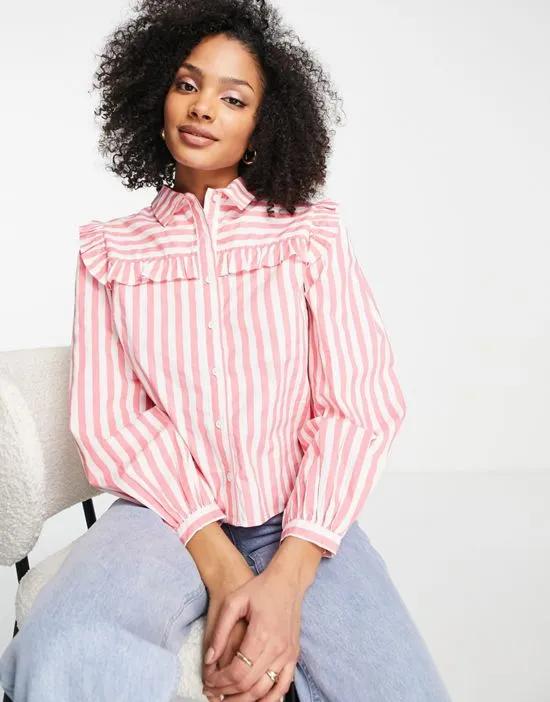 oversized shirt with frill details in pink stripe