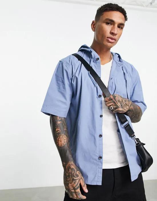 oversized short sleeve hooded shirt in blue