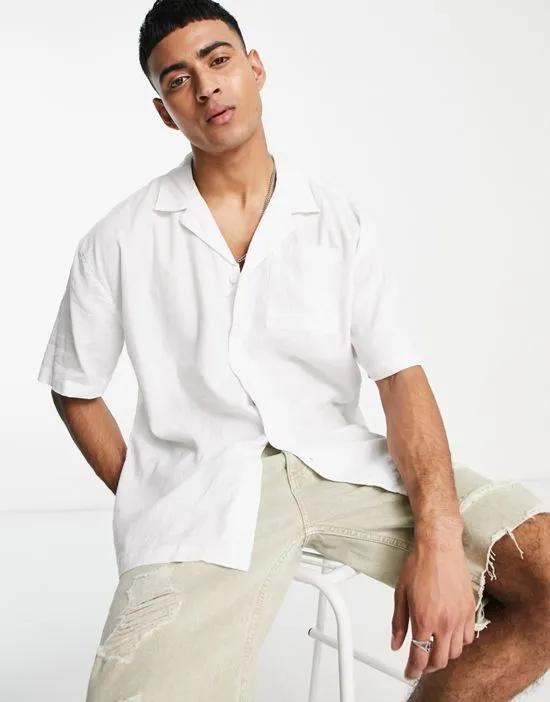 oversized short sleeve linen mix shirt in white