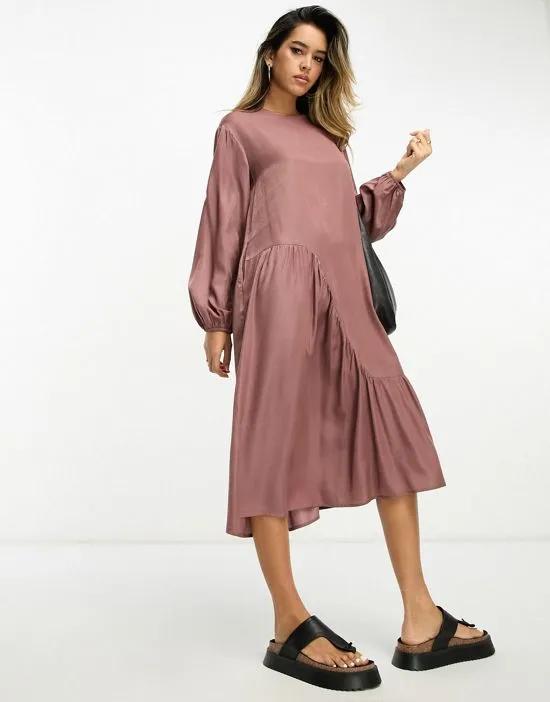 oversized smock dress with asymmetric seam detail in brown