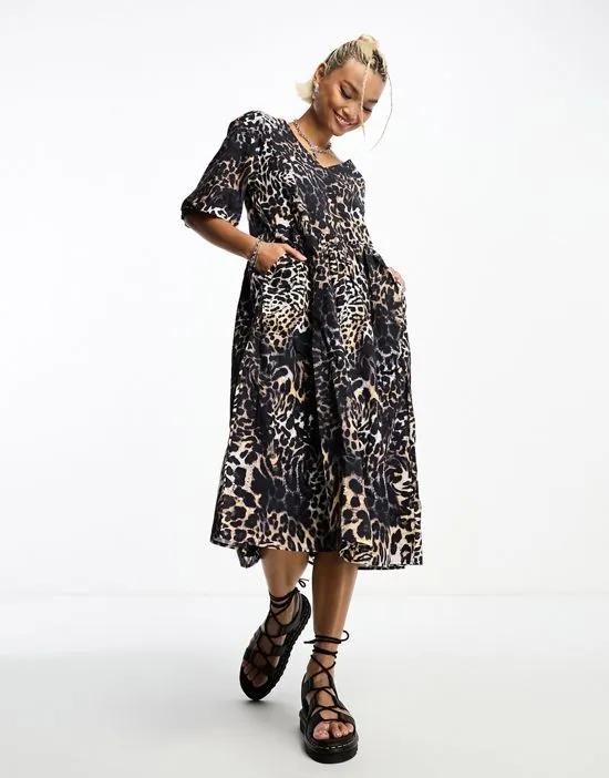 oversized smock midi dress in leopard