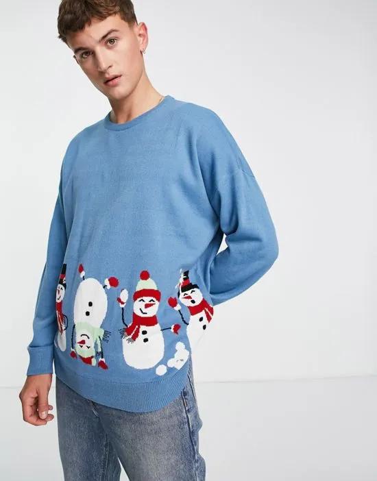 oversized snowman print christmas sweater in blue