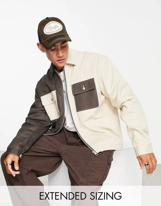 oversized spliced harrington jacket in brown and beige