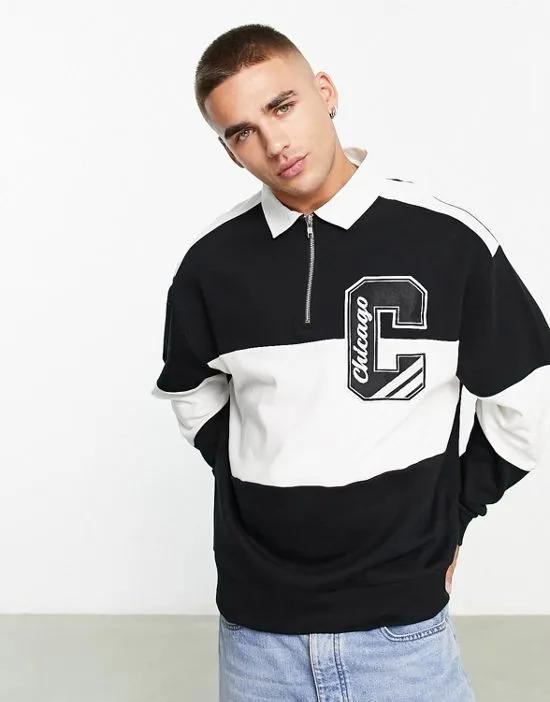 oversized strip rugby polo with varsity badge in black and white