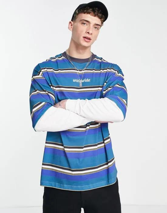 oversized stripe long sleeve t-shirt in blue with under layer
