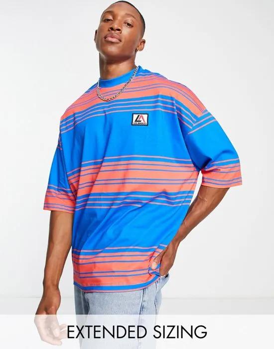 oversized stripe t-shirt in blue & red with chest print