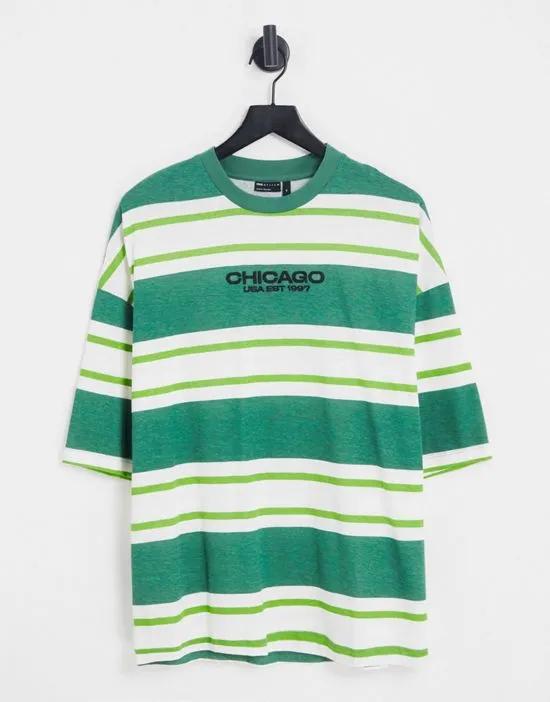 oversized stripe T-shirt in green with Chicago city chest embroidery