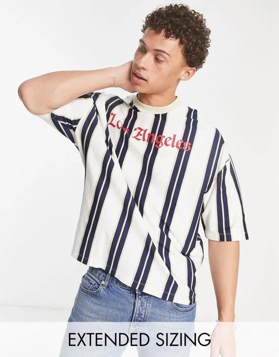 oversized stripe T-shirt in white & navy with LA text print