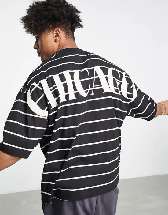 oversized striped T-shirt in black with back Chicago city print