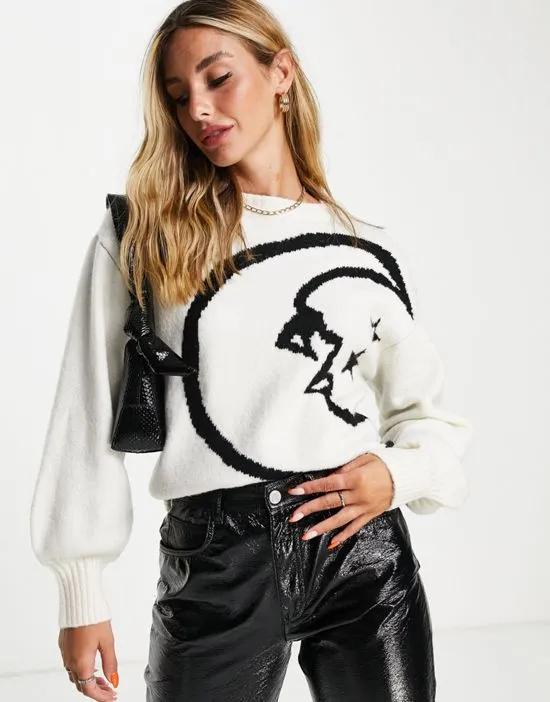 oversized sweater with balloon sleeves with moon intarsia knit