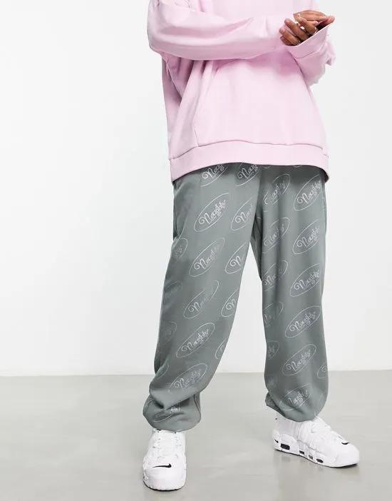 oversized sweatpants in gray with all over logo print