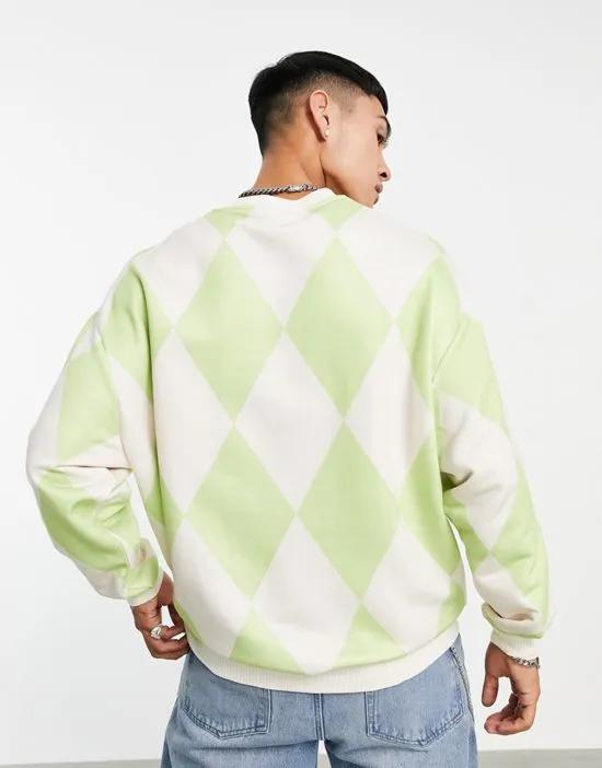 oversized sweatshirt in washed green with all over argyle print
