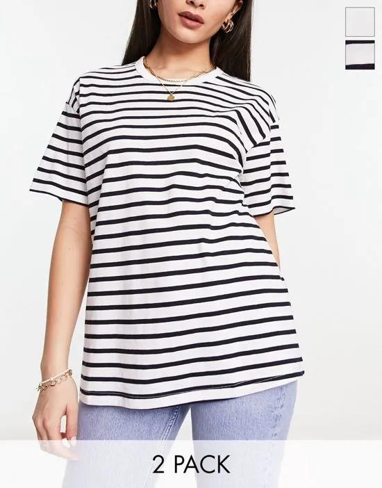 oversized t-shirt 2 pack in white and stripe