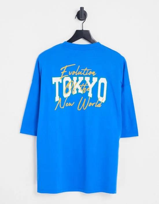 oversized t-shirt in blue with Tokyo city back print
