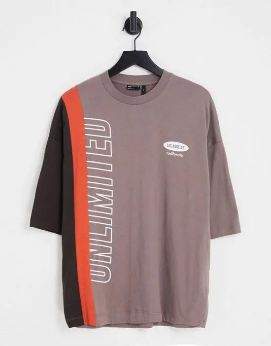 oversized T-shirt in brown color block with text print