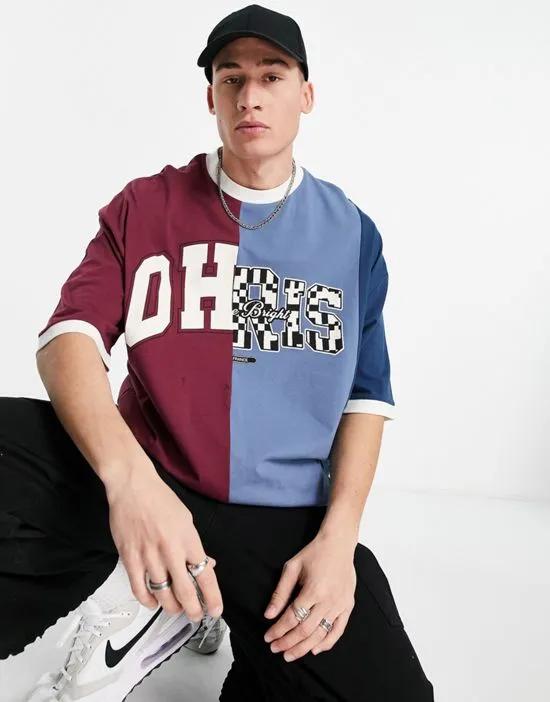 oversized T-shirt in burgundy and blue color block with city prints