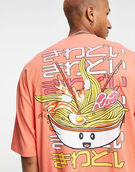oversized t-shirt in coral with ramen cartoon back print
