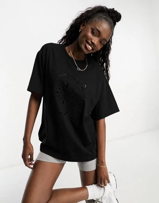 Oversized t-shirt in embroidered cutwork in black
