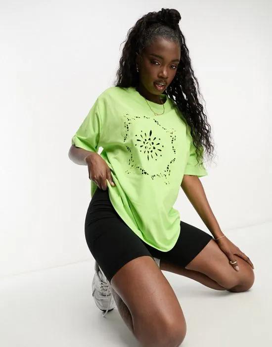 oversized T-shirt in embroidered cutwork in lime