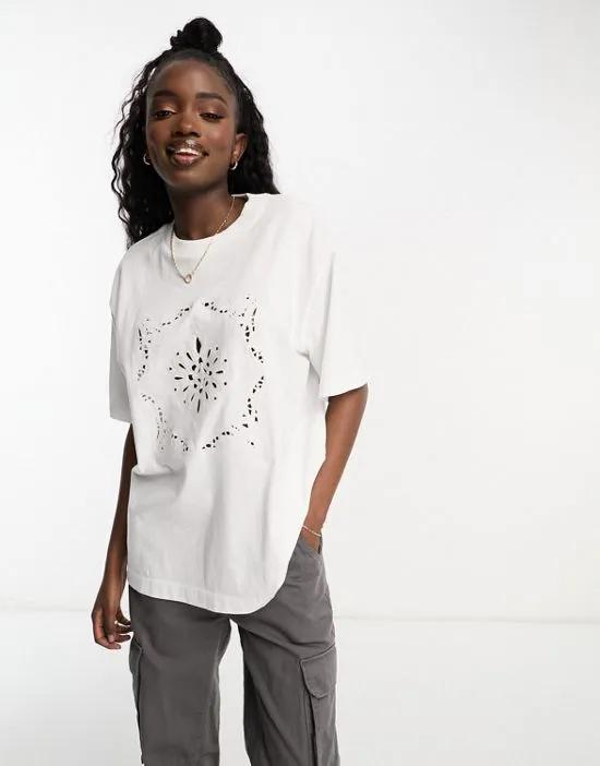 Oversized t-shirt in embroidered cutwork in white