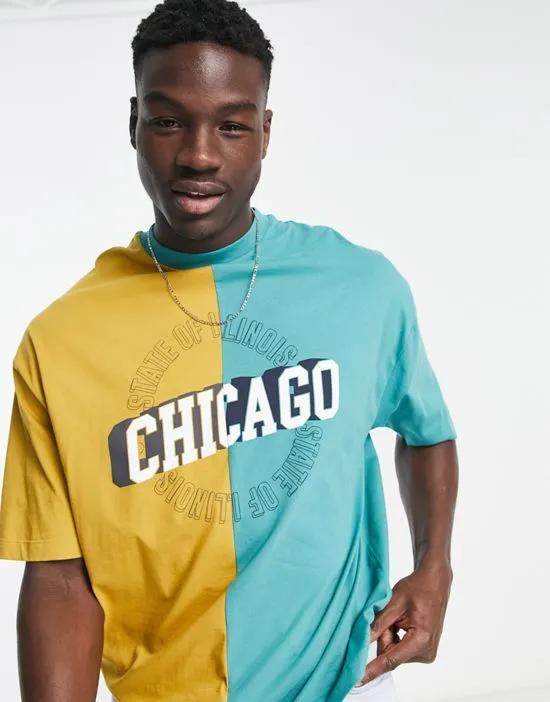 oversized t-shirt in green and yellow color block with Chicago city print