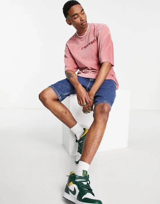 oversized T-shirt in pink ribbed velour with embroidery