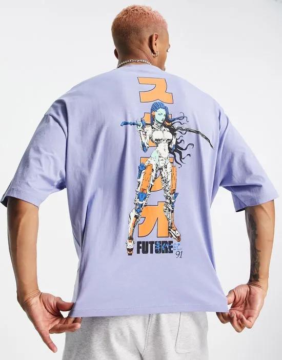 oversized t-shirt in purple cotton blend with anime back print - LILAC