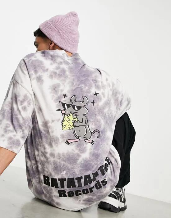 oversized t-shirt in purple tie dye with cartoon mouse back print