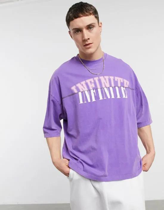 oversized T-shirt in washed purple with front text & seam detail - PURPLE