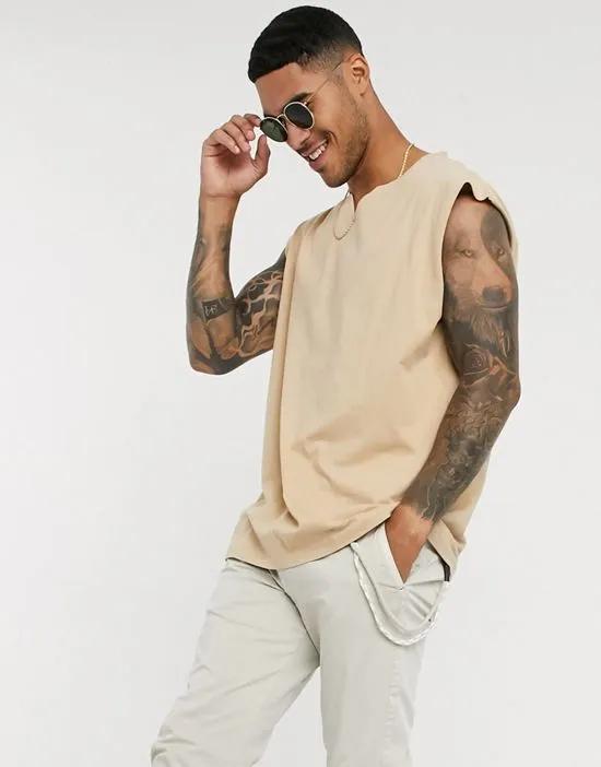 oversized tank top with notch neck in beige