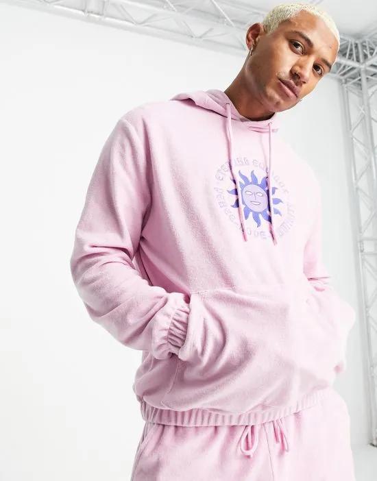 oversized terrycloth hoodie with embroidery detail in pink