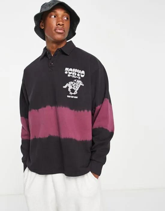 oversized tie dye rugby sweatshirt with chest print in black and burgundy