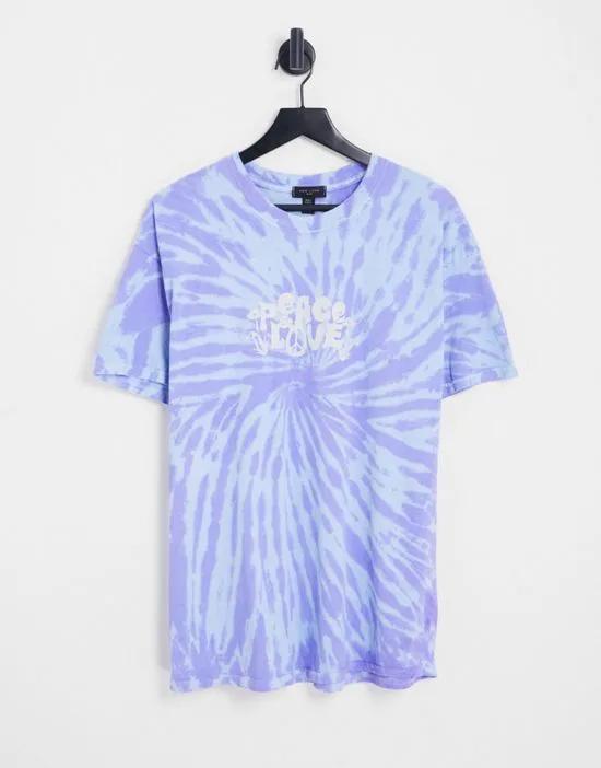 oversized tie-dye t-shirt with peace love print in blue