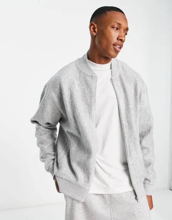 oversized track jacket in gray brushed ribbed texture