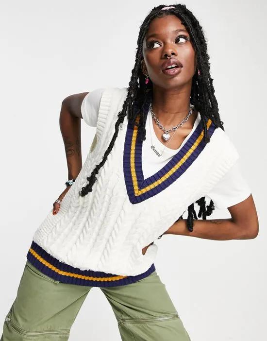 oversized varsity cable knit tank top in cream