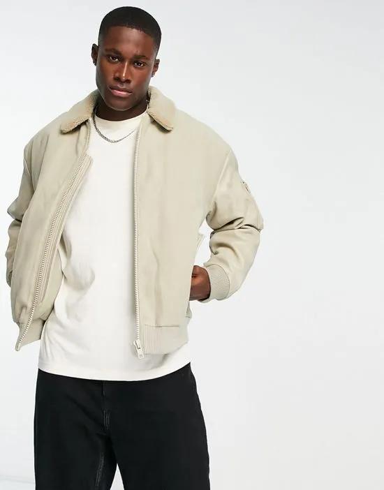 oversized wool look bomber jacket with faux leather sleeves in beige
