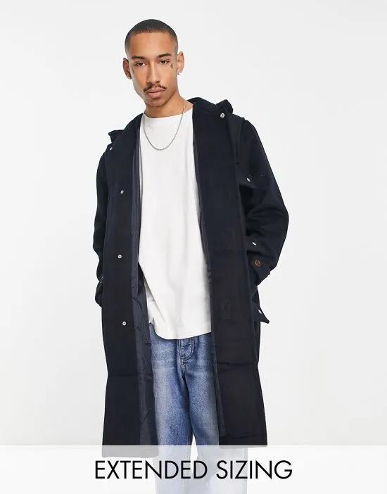 oversized wool mix duffle coat with borg lining in navy