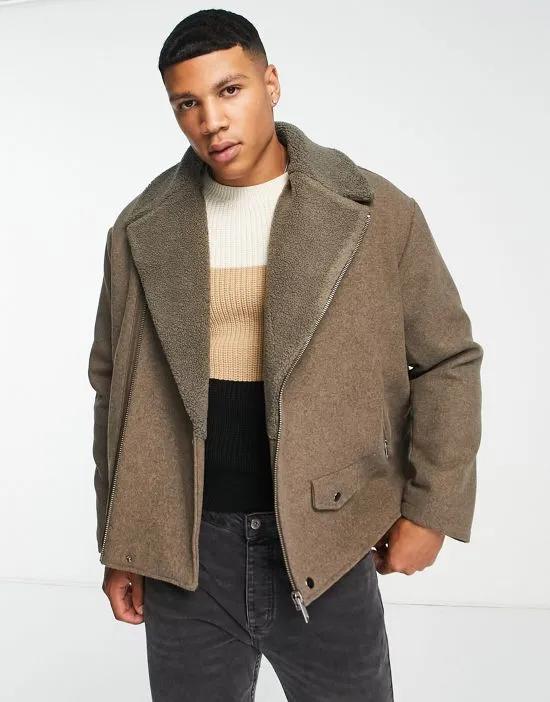 oversized wool mix moto jacket with sherpa borg collar in beige