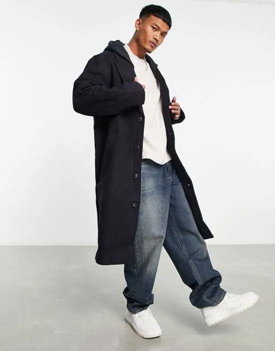 oversized wool mix overcoat in navy pinstripe with gray heather hood