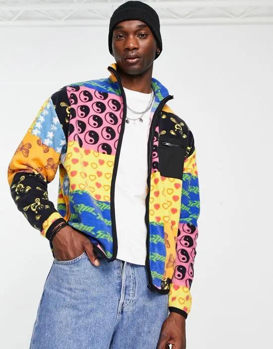 oversized zip through jacket in polar fleece with all over print