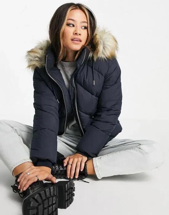 padded jacket with faux fur hood in navy