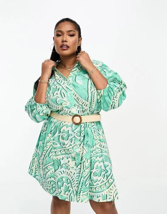 paisley belted shirt dress in green