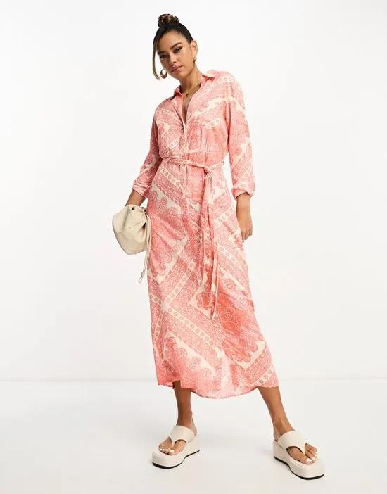 paisley belted shirt midi dress in pink