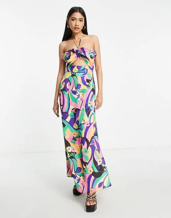 paisley cut out halter maxi dress in multi