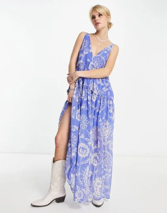 paisley print v-neck floaty midaxi dress in bluebell